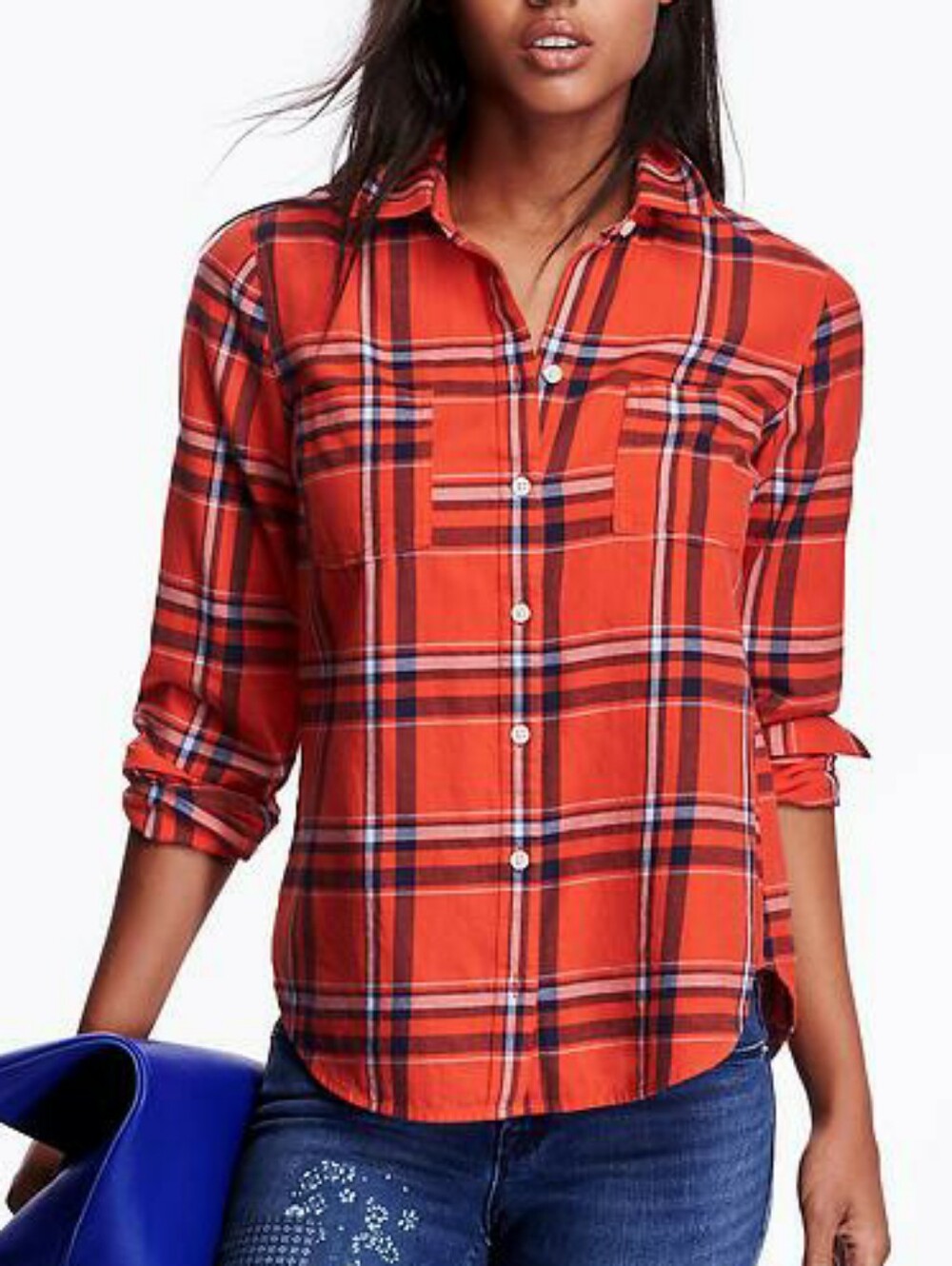 Old Navy Red Plaid Flannel Button-Down Shirt Size Medium Coral Blue White